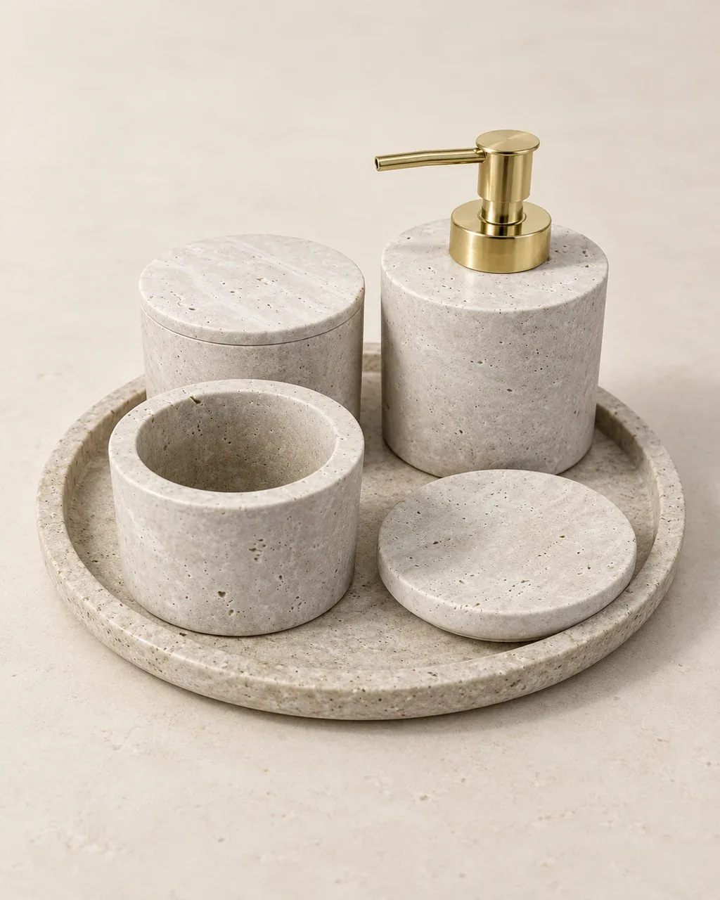 Travertine Bath Set — Studio rendering