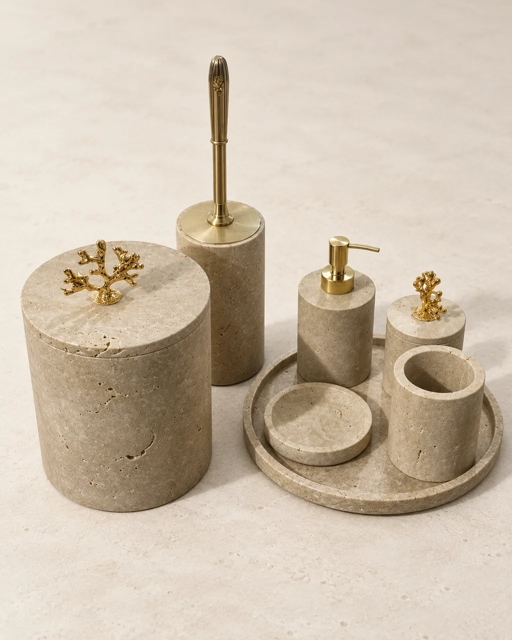 7-Piece Travertine Bath Set — Studio rendering